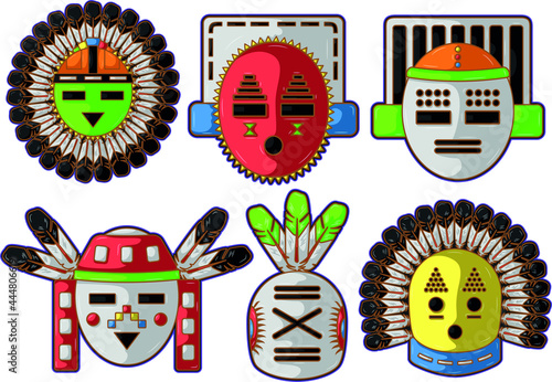 Ancient art based in Kachina dolls faces gods of hopi native american culture over white background. vector set photo