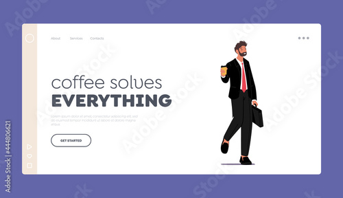 City Dweller Lifestyle Landing Page Template. Business Man Character in Formal Wear Drink Coffee in Disposable Cup