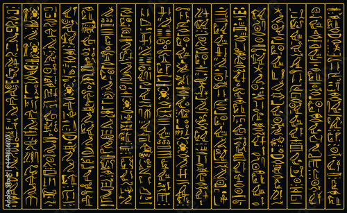 Obraz na plátně Ancient golden egyptian hieroglyphs alphabet pattern over black background