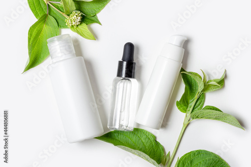 Cosmetics for moisturizing and cleansing the face. Eco cream and serum for face in white tubes and leaves of natural plants. Bio cosmetics for face and body care