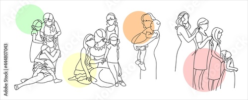 Family, mother with children, large family, grandmother with grandchildren, pregnant. A set of illustrations in a linear style. Vector.