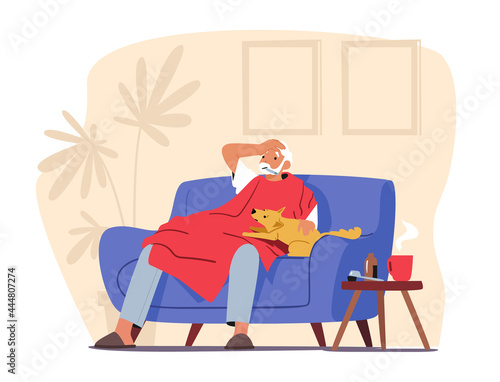 Elderly Man with Thermometer in Mouth Sitting on Sofa Covered with Blanket. Ild man Measuring Temperature