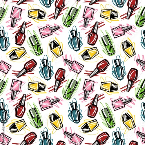 Bright multicolored varnish on a white background. Seamless pattern in the style of a fashion sketch by hand. Vector.