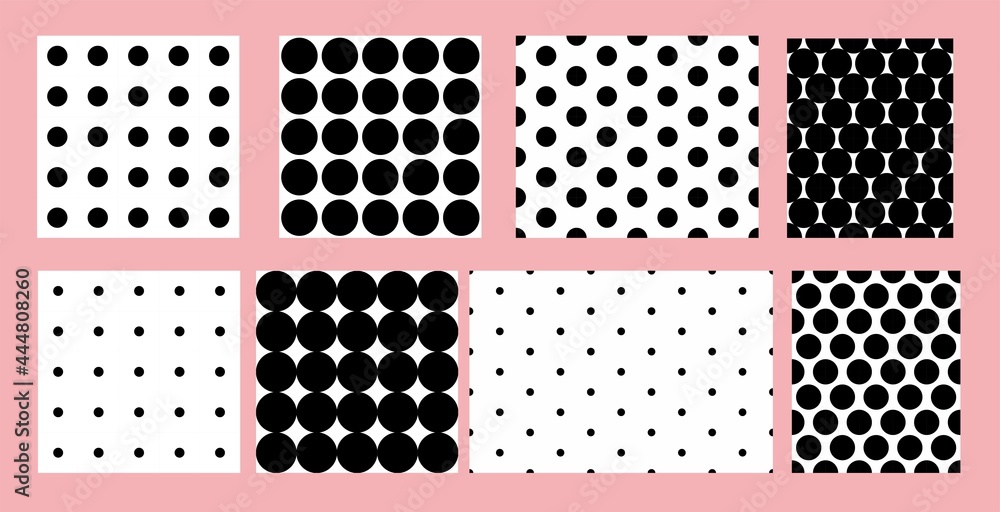 A set of geometric black and white seamless patterns. Monochrome classic pattern circles and squares, tiles. Infinite texture for wallpaper design. Vector.
