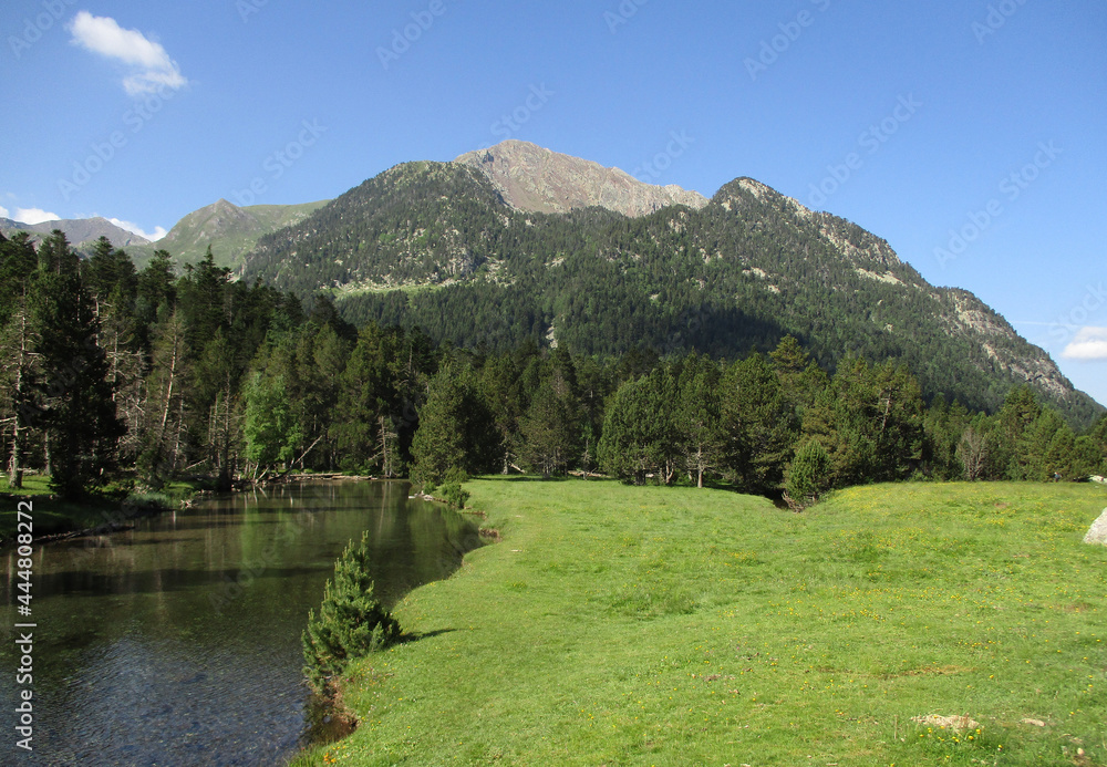 Landscape in the National Park of Aigüestortes and Lake of Sant Maurici. Sant Nicolau River. Pyrenees Mountains. Spain.