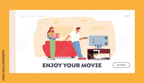 Cinema Leisure Landing Page Template. Young Couple Watching TV with Popcorn at Home. Characters Lazy Weekend Relax