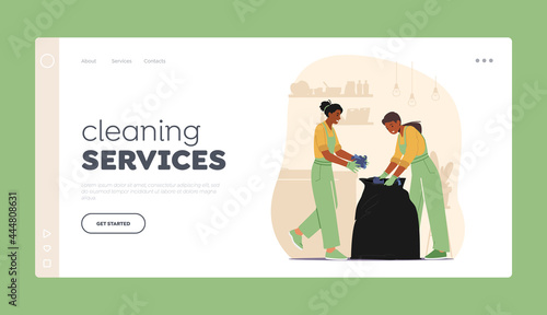 Cleaning Service Worker Duties Landing Page Template. Janitors in Uniform Collect Garbage to Plastic Sack Cleaning Home