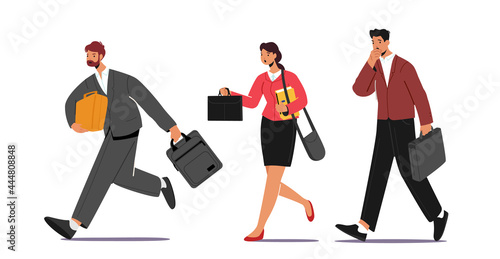 Business Characters Hurry at Work due to Oversleep or Traffic Jam. Businessmen or Businesswomen with Bags Late in Office