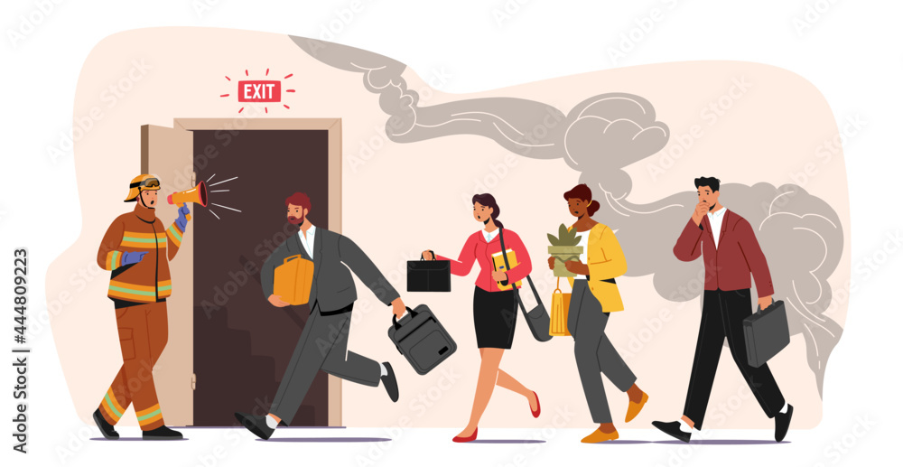 Fireman with Megaphone Announce Fire Emergency Evacuation Alarm. Alert