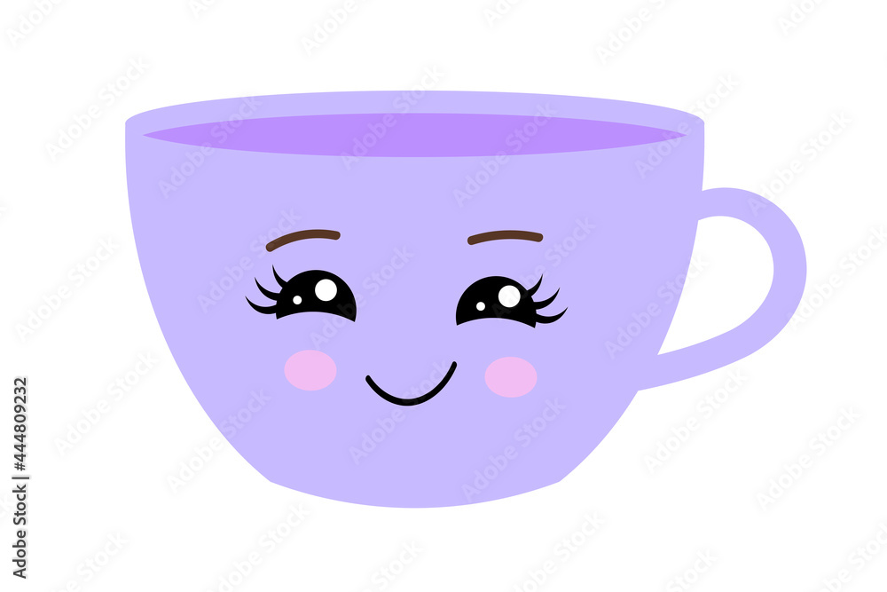 Cute happy funny coffee mug. Kawaii cup. Smiling cartoon character Cute happy funny coffee mug. Kawaii cup. Smiling cartoon character