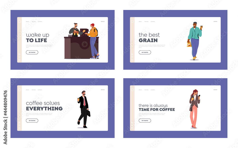People Buying Coffee To Go Landing Page Template Set. Takeaway Drinks in Disposable Cups. Characters Morning Refreshment People Buying Coffee To Go Landing Page Template Set. Takeaway Drinks in Disposable Cups. Characters Morning Refreshment