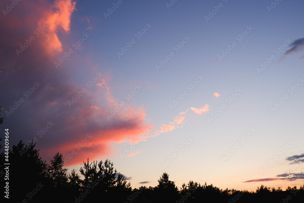 Background. Dramatic sunset. Red-orange clouds against the blue sky. Sunset orange red yellow pink clouds against blue sky texture