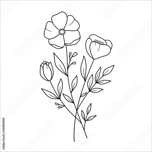 Bouquet of Flowers. Flowers. Cute flowers. Outline drawing. Line vector illustration. Isolated on white background. Design of invitations, wedding or greeting cards.