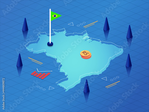Brazil Map, Flag and Currency Modern Isometric Business and Economy Vector Illustration Design