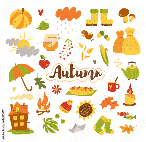 Autumn set, drawn elements - autumn leaves, bonfire, pumpkin, umbrella and others. Suitable for web, card, poster, cover, tag, invitation, sticker set. Vector flat illustration