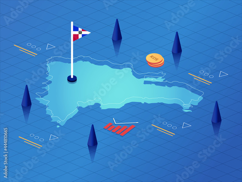 Dominican Republic Map, Flag and Currency Modern Isometric Business and Economy Vector Illustration Design