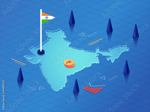 India Map, Flag and Currency Modern Isometric Business and Economy Vector Illustration Design