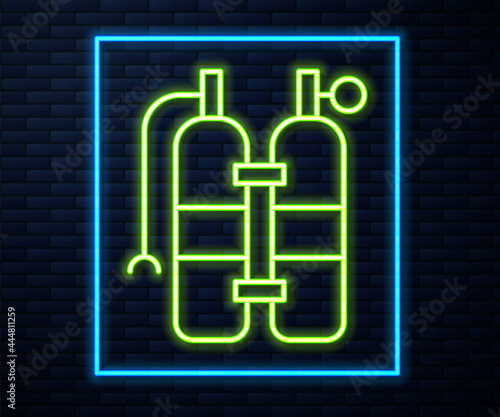 Glowing neon line Aqualung icon isolated on brick wall background. Oxygen tank for diver. Diving equipment. Extreme sport. Sport equipment. Vector
