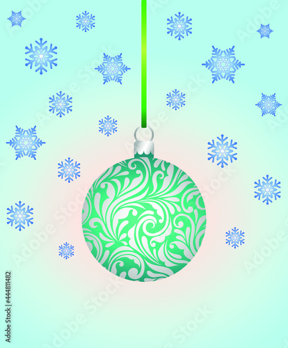Christmas and New Year tree branch decoration ball shiny glass 3D copy space art