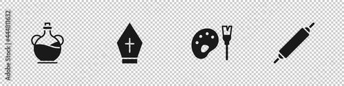 Set Bottle of olive oil, Pope hat, Paint brush with palette and Rolling pin icon. Vector