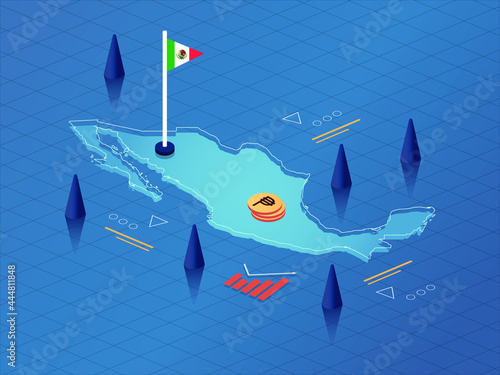 Mexico Map, Flag and Currency Modern Isometric Business and Economy Vector Illustration Design