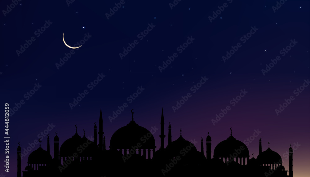 Eid al Adha Mubarak card with Silhouette Dome Mosques at dark night with crescent moon and star sky,Vector banner background for Islamic religions ,Eid al fitr, Happy muharram, Islamic new year Happy
