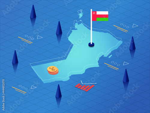 Oman Map, Flag and Currency Modern Isometric Business and Economy Vector Illustration Design