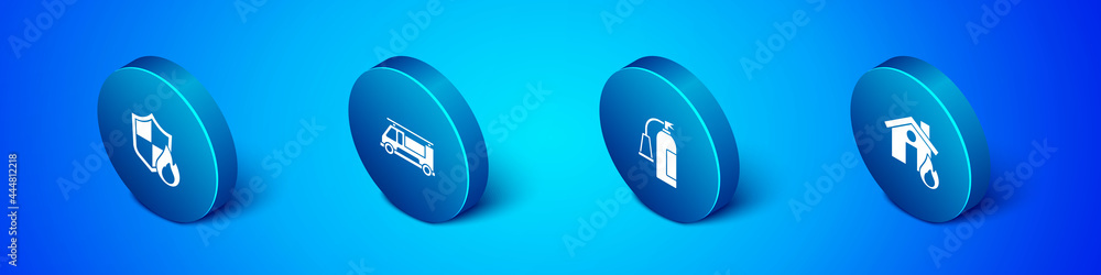 Set Isometric Fire protection shield, extinguisher, burning house and truck icon. Vector Set Isometric Fire protection shield, extinguisher, burning house and truck icon. Vector