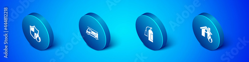 Set Isometric Fire protection shield, extinguisher, burning house and truck icon. Vector