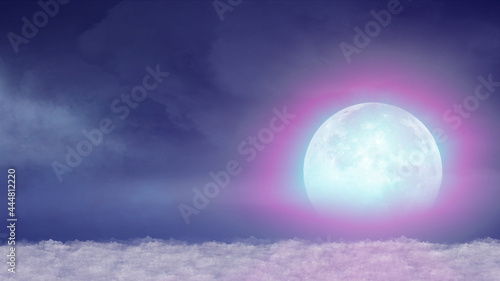 Beautiful realistic flight over cumulus lush clouds in the night moonlight
