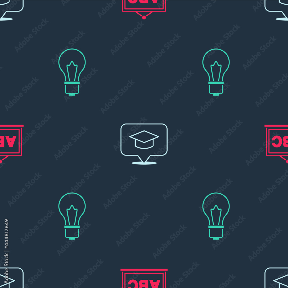 Set Chalkboard, Graduation cap in speech bubble and Light bulb with idea on seamless pattern. Vector Set Chalkboard, Graduation cap in speech bubble and Light bulb with idea on seamless pattern. Vector