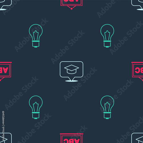Set Chalkboard, Graduation cap in speech bubble and Light bulb with idea on seamless pattern. Vector