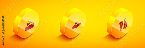 Set Isometric Cruise ship, Elegant women hat and Rubber flippers for swimming icon. Vector