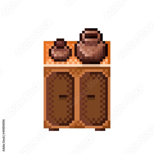 Wardrobe pixel art. Cabinet pixel art. Vector illustration. Wardrobe and earthen jar. Icon wardrobe. Wooden cabinet pixel art.