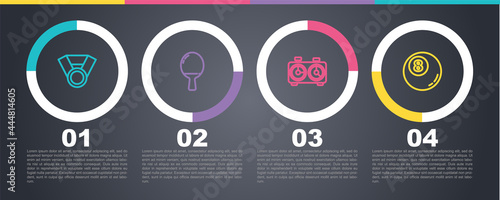 Set line Medal, Racket for playing table tennis, Time chess clock and Billiard pool snooker ball. Business infographic template. Vector