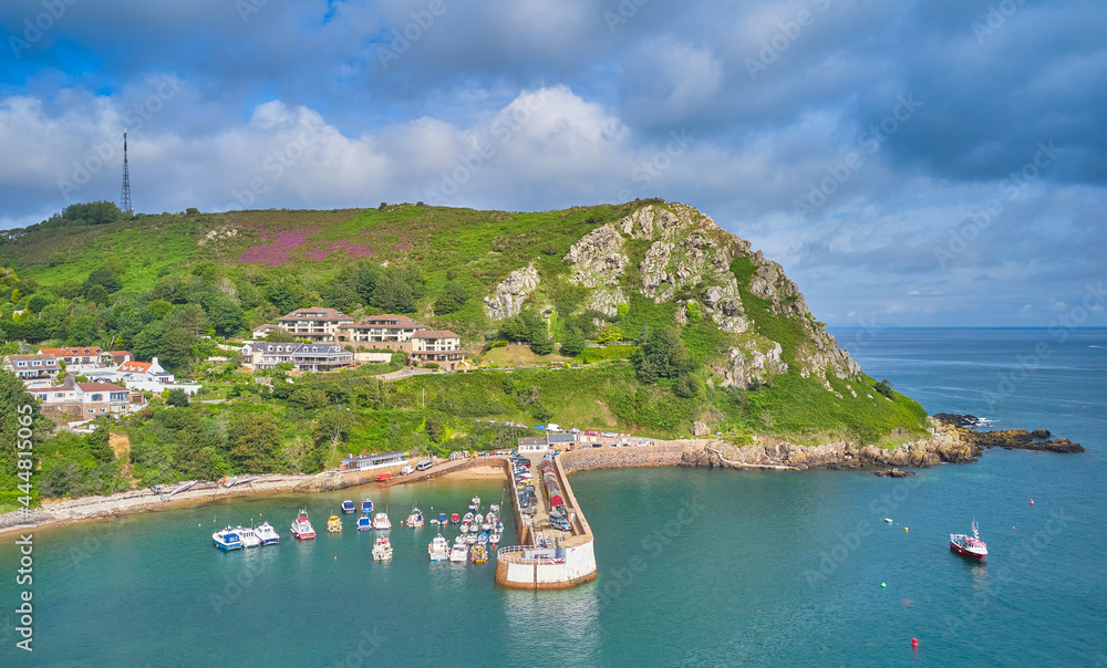 Aerial Drone image of Bonne Nuit bay in the sunshine at high tide. Jersey,  Channel Islands Stock Photo | Adobe Stock