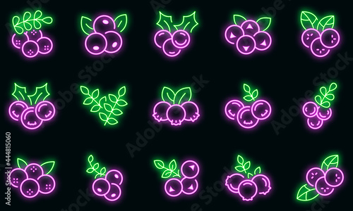Rowan icons set. Outline set of rowan vector icons neon color on black