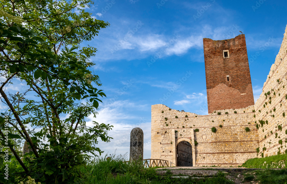 Stone entrance with the tower of Romeo and Juliet's castle in the province of Vicenza in Montecchio Maggiore.Blue sky clouds at Romeo's Bellaguardia Castle Vicenza Veneto Italy Europe. Stone entrance with the tower of Romeo and Juliet's castle in the province of Vicenza in Montecchio Maggiore.Blue sky clouds at Romeo's Bellaguardia Castle Vicenza Veneto Italy Europe.