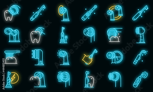 Electric toothbrush icons set. Outline set of electric toothbrush vector icons neon color on black
