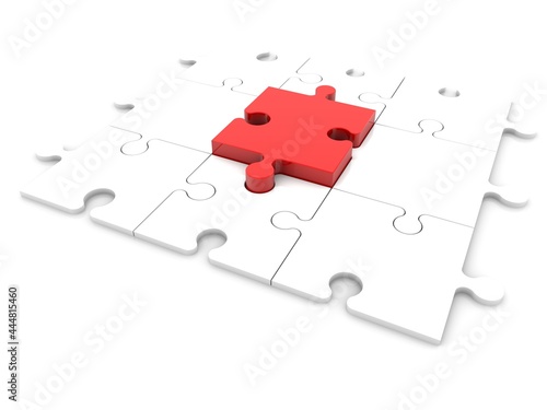 White puzzle with a red puzzle piece in the center