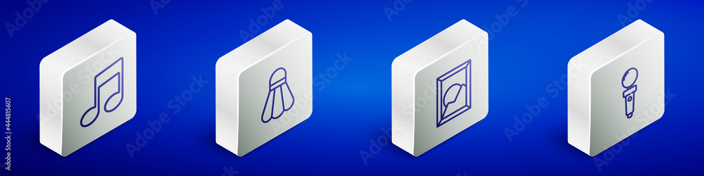 Set Isometric line Music note, tone, Badminton shuttlecock, Picture landscape and Joystick for arcade machine icon. Vector Set Isometric line Music note, tone, Badminton shuttlecock, Picture landscape and Joystick for arcade machine icon. Vector