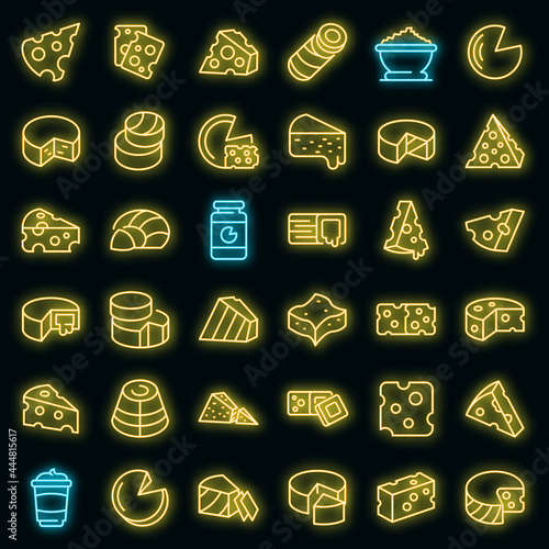 Cheese icons set. Outline set of cheese vector icons neon color on black