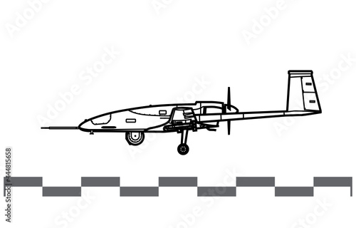 Bayraktar TB2. UCAV. Vector drawing of unmanned combat aerial vehicle. Side view. Image for illustration and infographics.