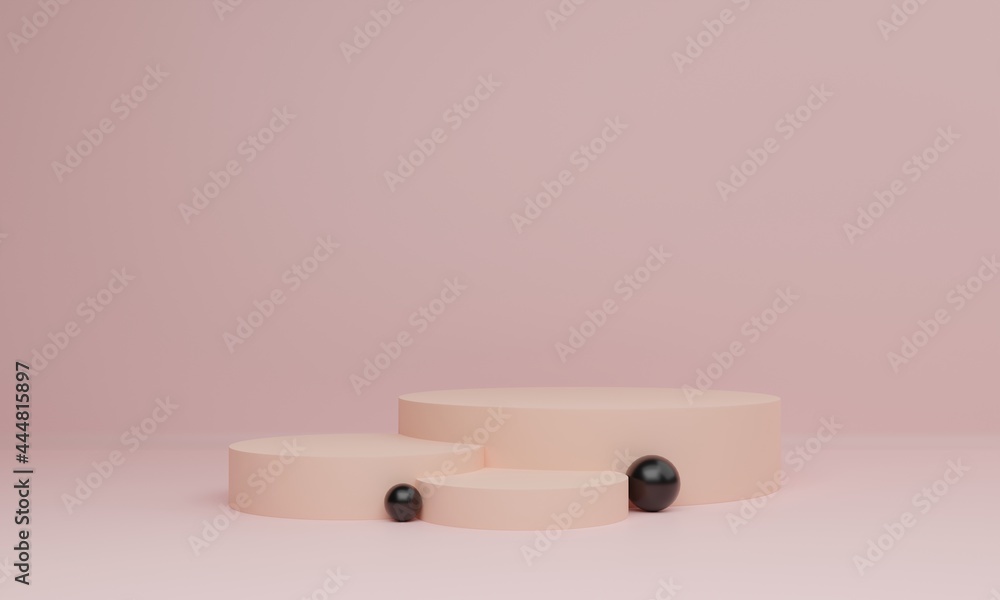 Three blank beige podiums with black pearls near on pastel background. 3d rendering. Three blank beige podiums with black pearls near on pastel background. 3d rendering.