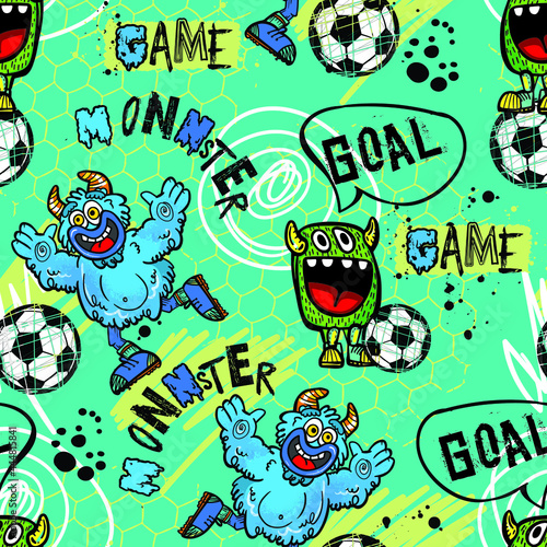  kids monsters pattern for kids. Background with cartoon monsters play in football on the abstract bright background. pattern for textile and fabric. 