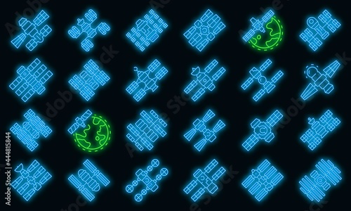 Space station icons set. Outline set of space station vector icons neon color on black