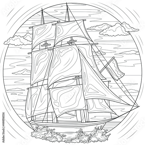 Ship.Coloring book antistress for children and adults. Illustration isolated on white background.Zen-tangle style. Hand draw