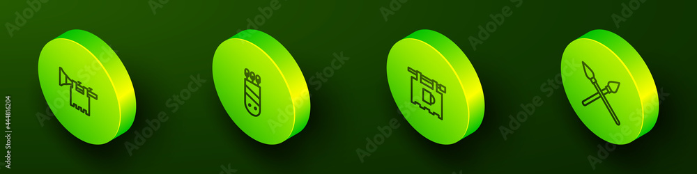 Set Isometric line Trumpet with flag, Quiver arrows, Street signboard Bar and Crossed medieval spears icon. Vector Set Isometric line Trumpet with flag, Quiver arrows, Street signboard Bar and Crossed medieval spears icon. Vector