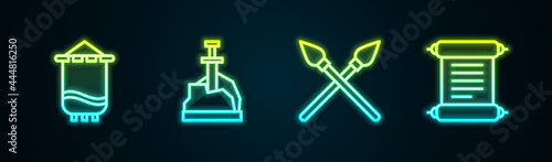 Set line Medieval flag, Sword in the stone, Crossed medieval spears and Decree, parchment, scroll. Glowing neon icon. Vector