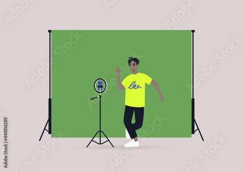 A young male Black character recording a dancing challenge video with their mobile phone on a tripod, chroma key background, modern gen z lifestyle
